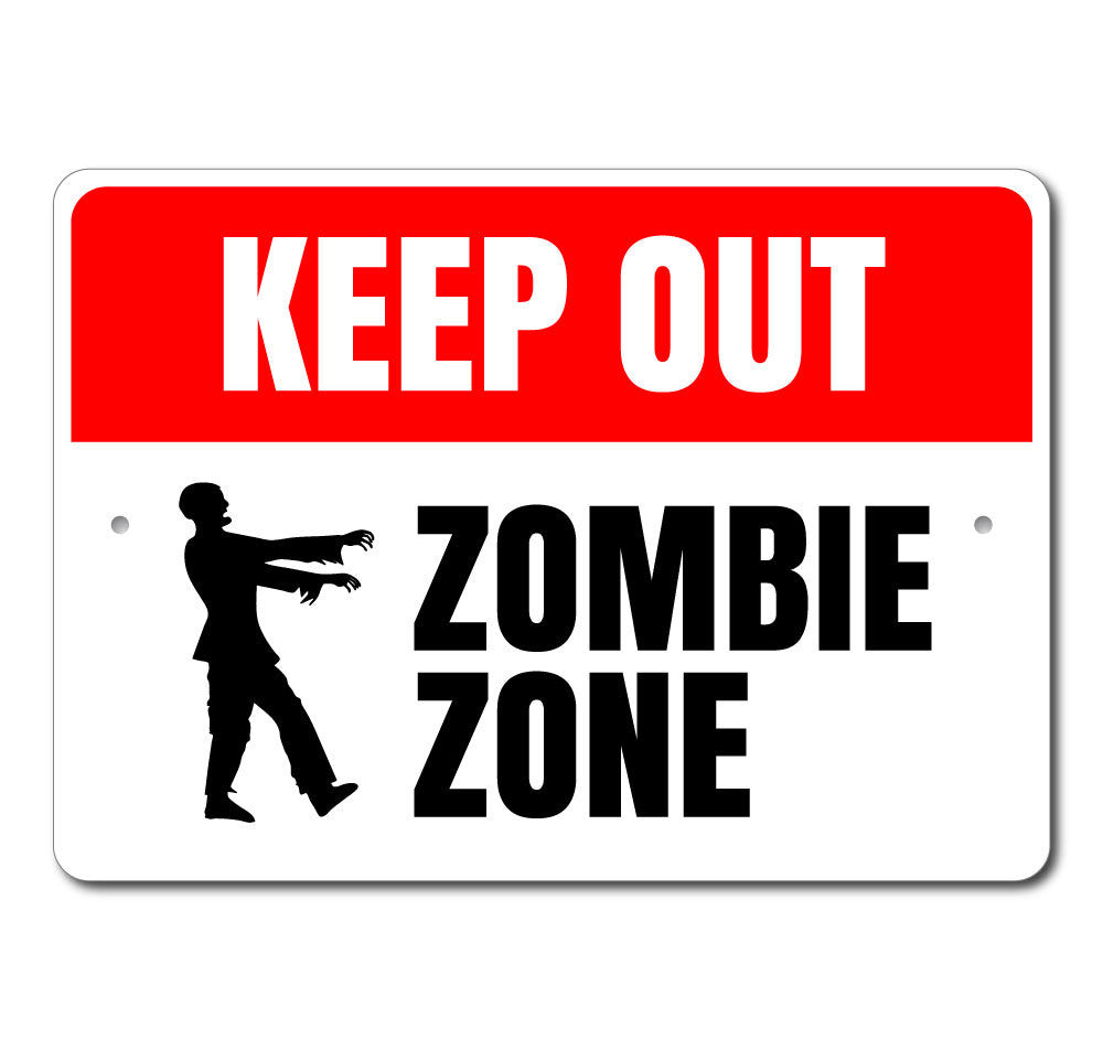 Zombie Zone Keep Out Sign made of high-quality aluminum, featuring spooky graphics perfect for Halloween decorations.