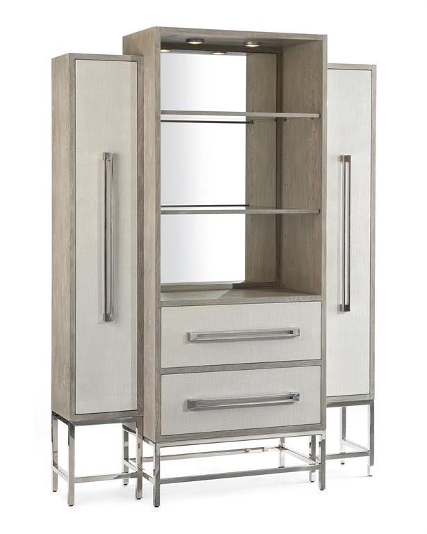 Zulu Stepped Cabinet featuring linen-faced drawers, mirrored back, and stainless steel frame.