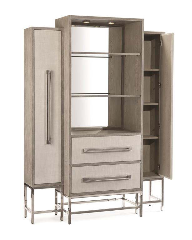 Zulu Stepped Cabinet featuring linen-faced drawers, mirrored back, and stainless steel frame.