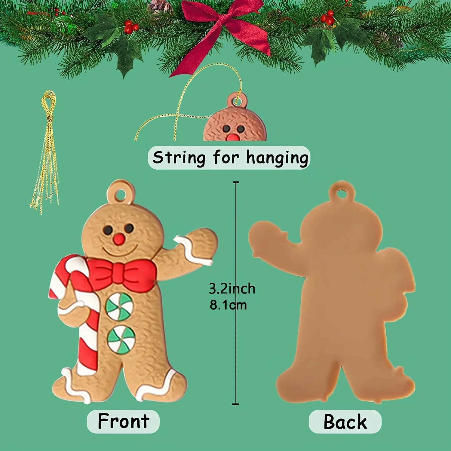 A colorful assortment of 12 Gingerbread Man ornaments made of durable plastic, perfect for Christmas tree decoration.