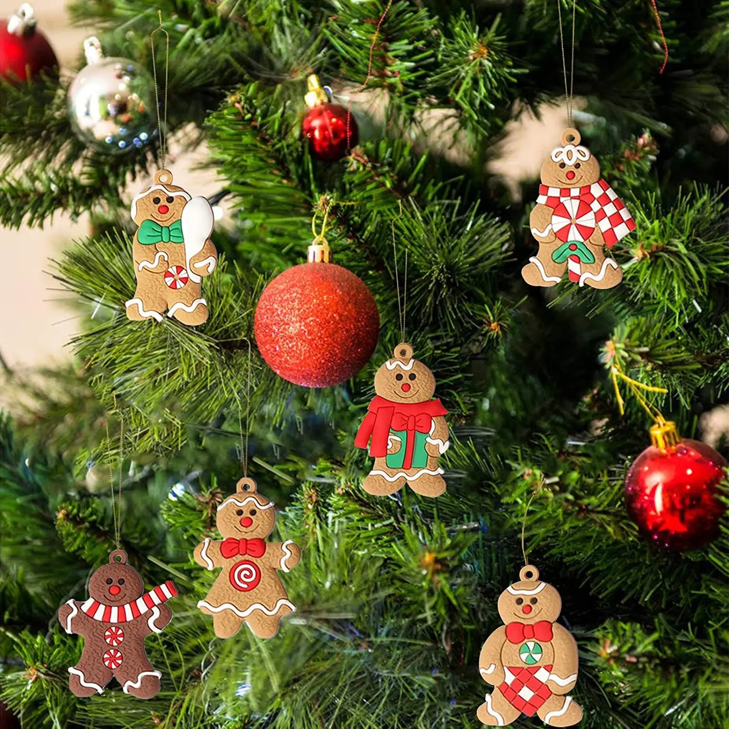 A colorful assortment of 12 Gingerbread Man ornaments made of durable plastic, perfect for Christmas tree decoration.