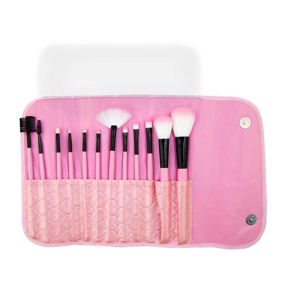 A set of 12 professional makeup brushes with wooden handles and vegan-friendly bristles, displayed in a stylish carrying bag.