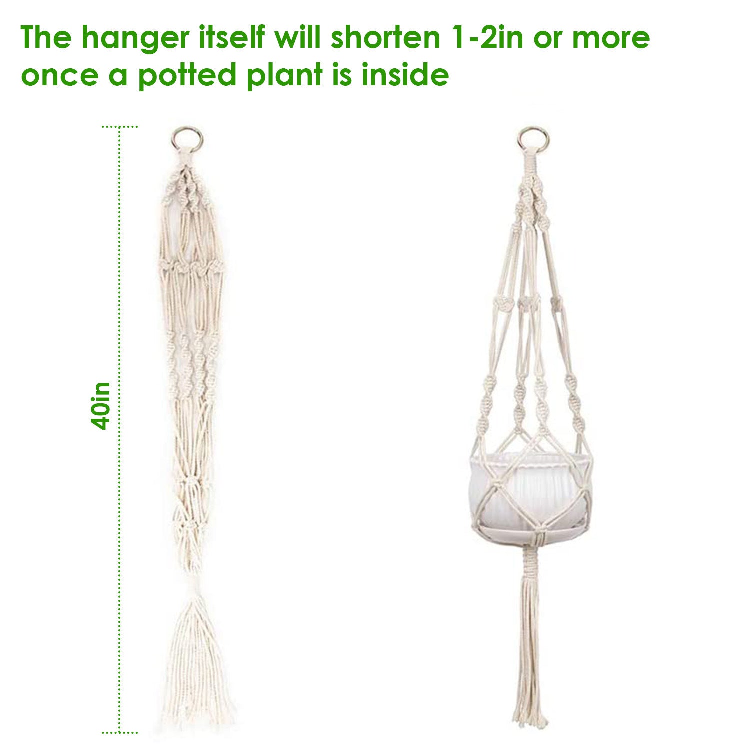 Two 40-inch cotton rope plant hangers designed for indoor and outdoor use, featuring a sturdy hanging ring and natural material.