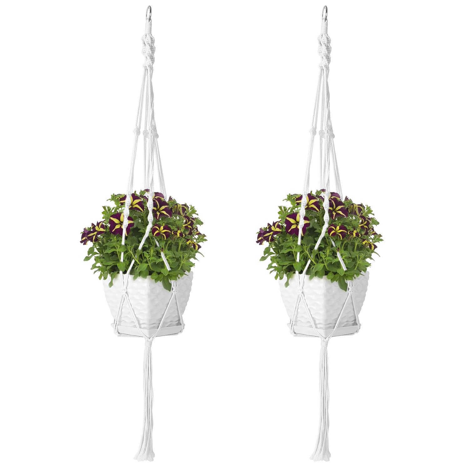 Two 40-inch cotton rope plant hangers designed for indoor and outdoor use, featuring a sturdy hanging ring and natural material.