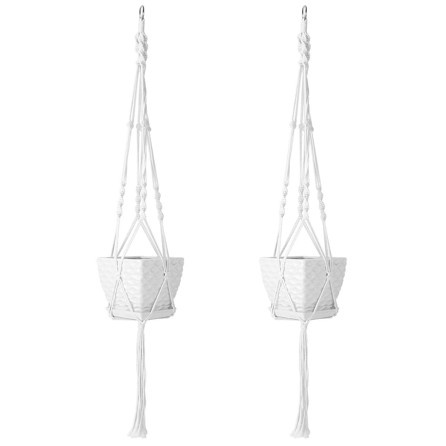 Two 40-inch cotton rope plant hangers designed for indoor and outdoor use, featuring a sturdy hanging ring and natural material.