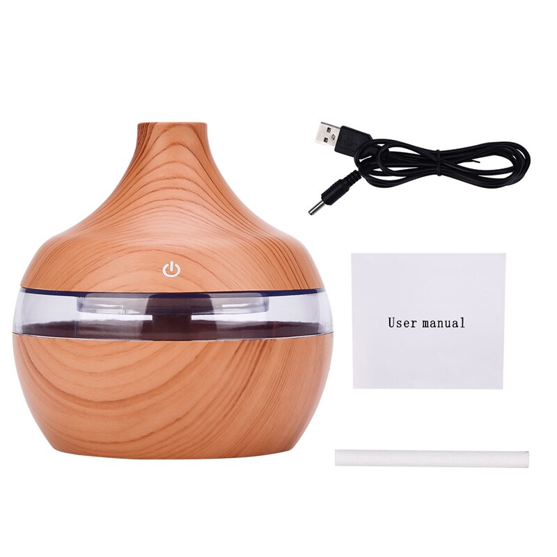 300ml USB Electric Ultrasonic Aromatherapy Air Humidifier with wood grain finish and 7 color LED lights, ideal for home and office use.