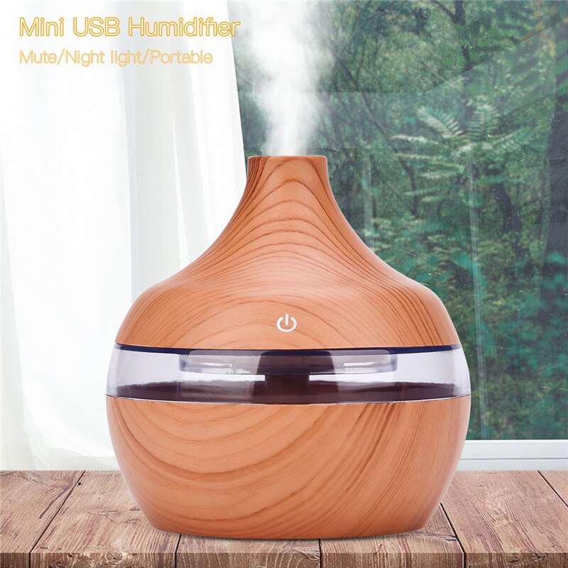 300ml USB Electric Ultrasonic Aromatherapy Air Humidifier with wood grain finish and 7 color LED lights, ideal for home and office use.