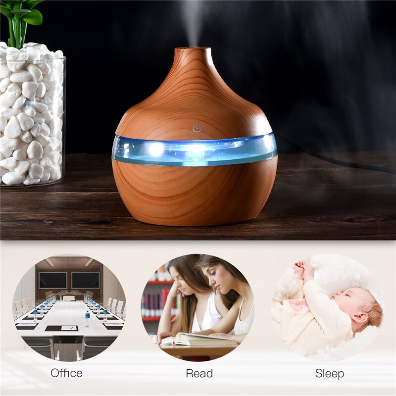 300ml USB Electric Ultrasonic Aromatherapy Air Humidifier with wood grain finish and 7 color LED lights, ideal for home and office use.