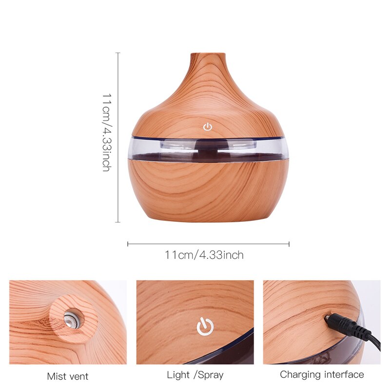 300ml USB Electric Ultrasonic Aromatherapy Air Humidifier with wood grain finish and 7 color LED lights, ideal for home and office use.