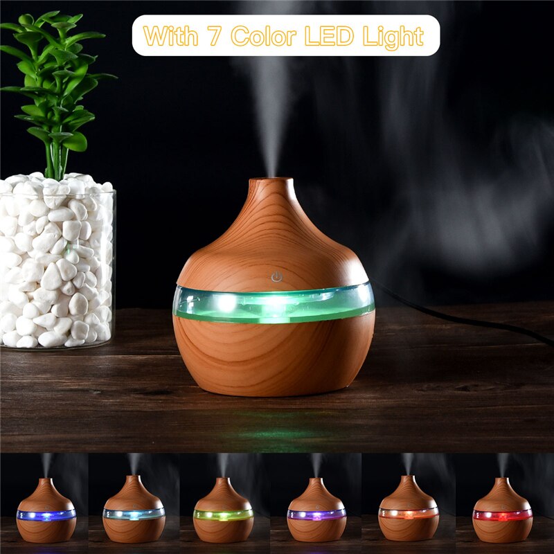 300ml USB Electric Ultrasonic Aromatherapy Air Humidifier with wood grain finish and 7 color LED lights, ideal for home and office use.