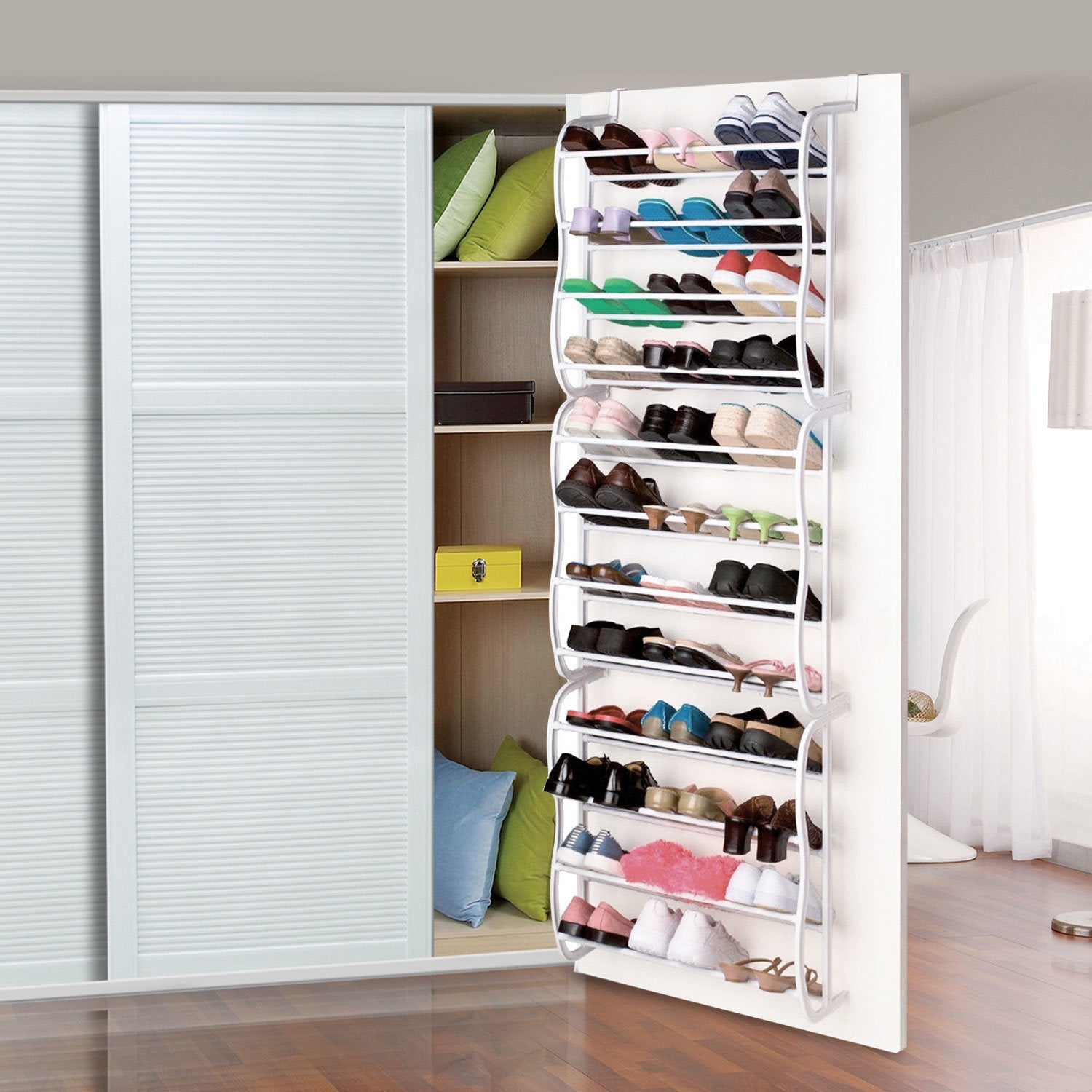 A 36 pairs over-the-door shoe rack with 12 layers, showcasing various shoes organized neatly, designed for efficient space-saving storage.