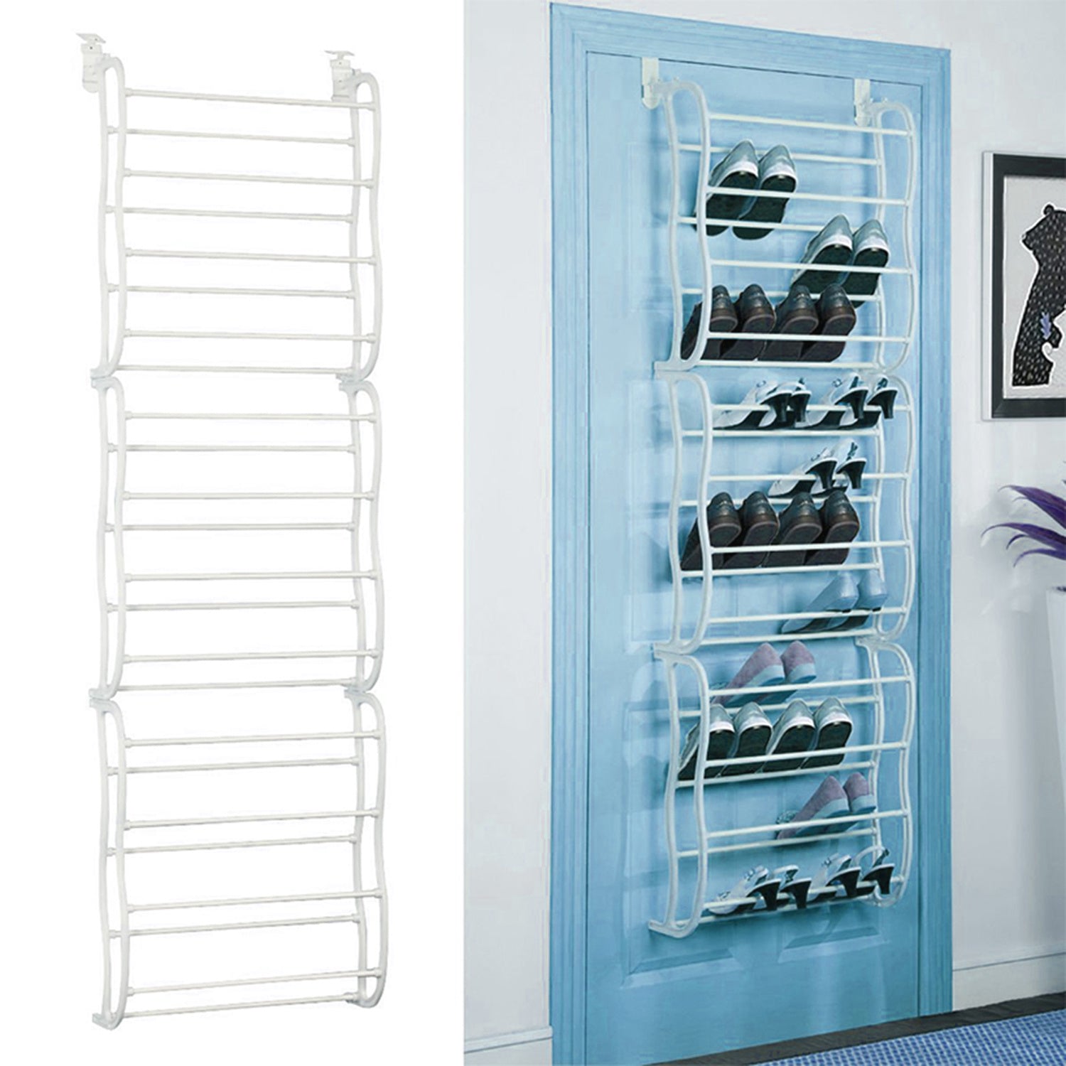 A 36 pairs over-the-door shoe rack with 12 layers, showcasing various shoes organized neatly, designed for efficient space-saving storage.