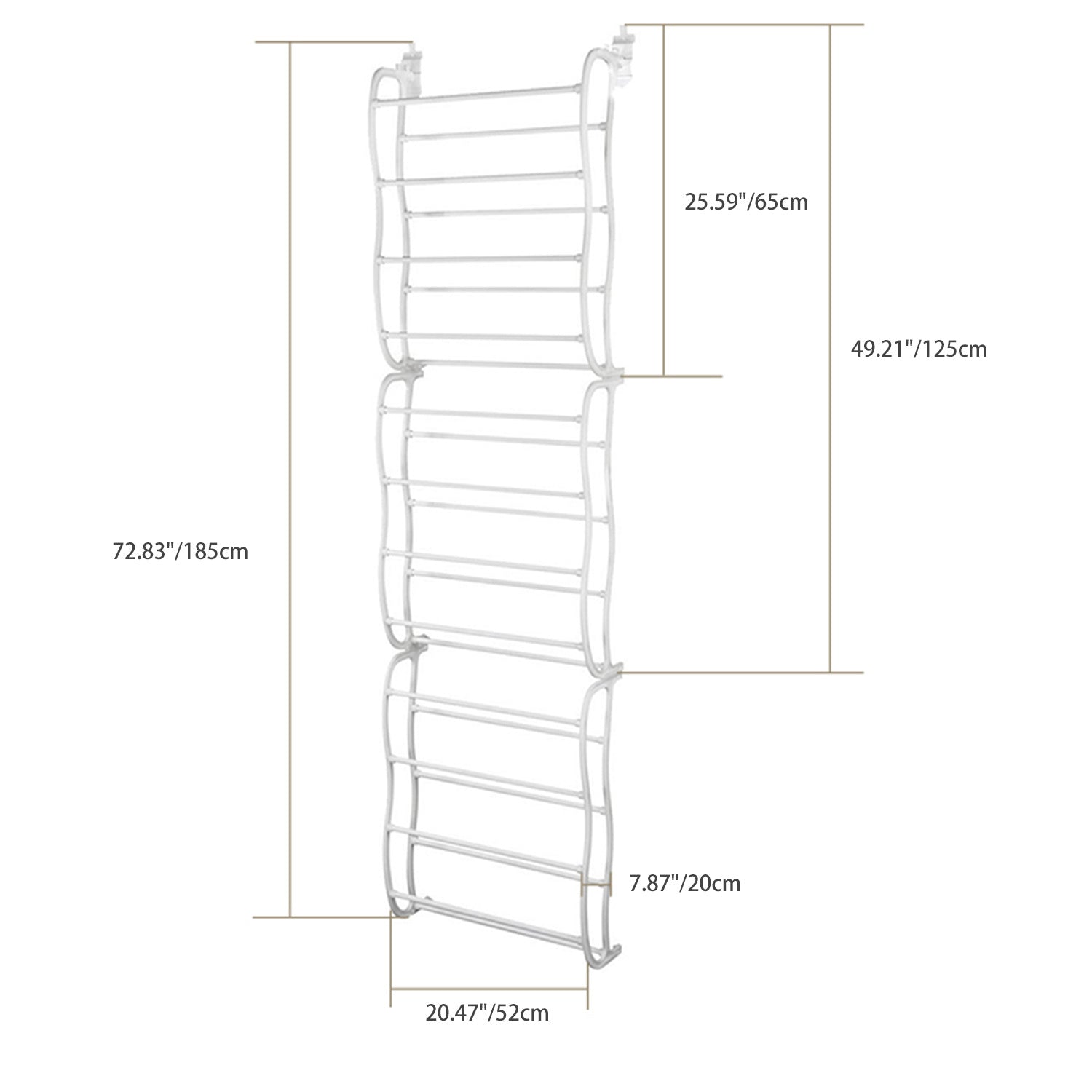 A 36 pairs over-the-door shoe rack with 12 layers, showcasing various shoes organized neatly, designed for efficient space-saving storage.