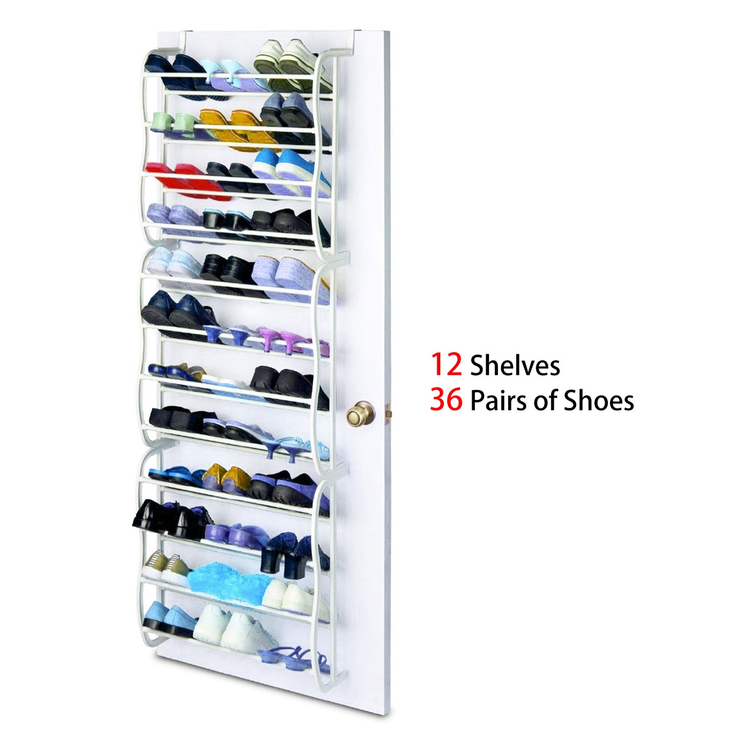 A 36 pairs over-the-door shoe rack with 12 layers, showcasing various shoes organized neatly, designed for efficient space-saving storage.