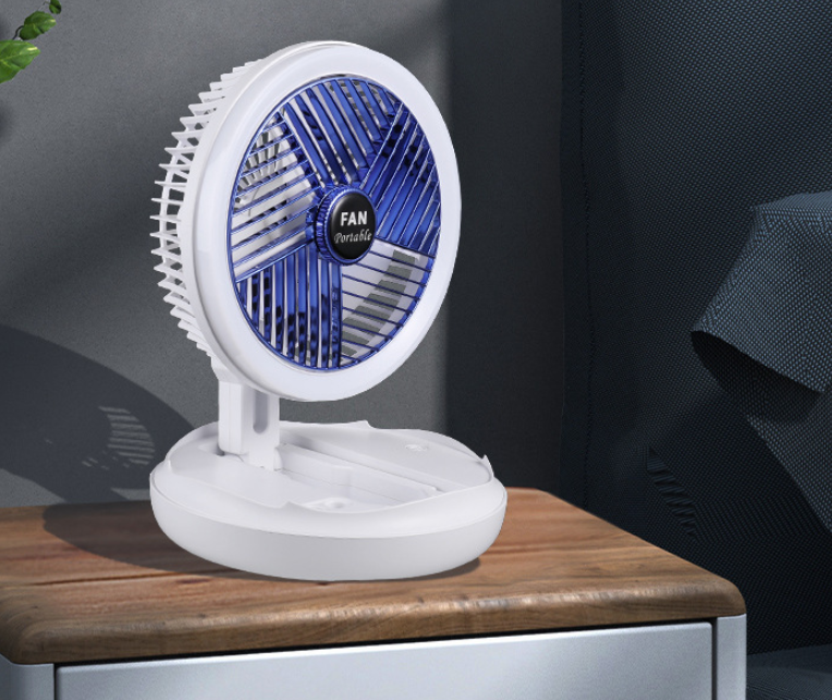 A versatile 4 Speed Adjustable USB Charging Foldable Table Fan with night light, showcasing its compact design and adjustable features.