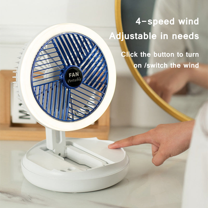 A versatile 4 Speed Adjustable USB Charging Foldable Table Fan with night light, showcasing its compact design and adjustable features.