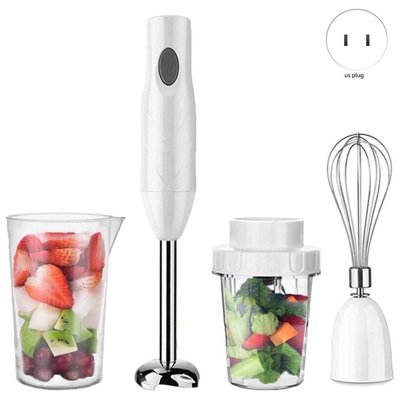 4-in-1 Powerful Speed Control Stick Blender with attachments including whisk, grinding cup, and mixing cup in white color.