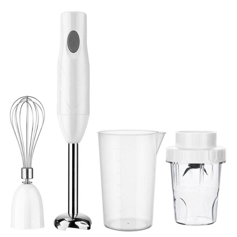 4-in-1 Powerful Speed Control Stick Blender with attachments including whisk, grinding cup, and mixing cup in white color.