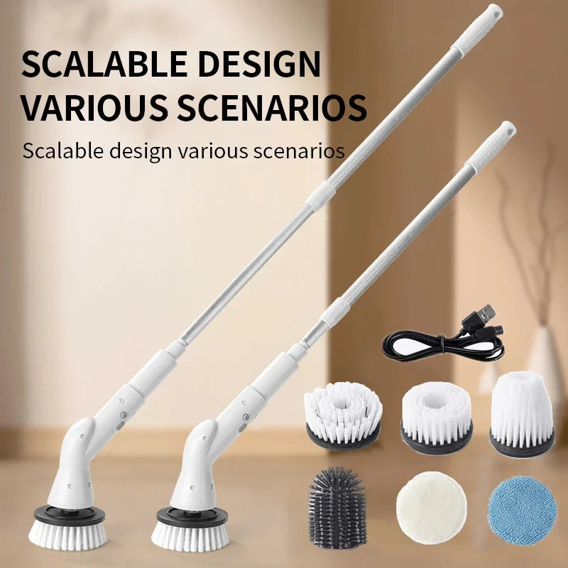 6 in 1 Electric Cleaning Brush with multiple attachments for versatile cleaning in kitchen and bathroom.