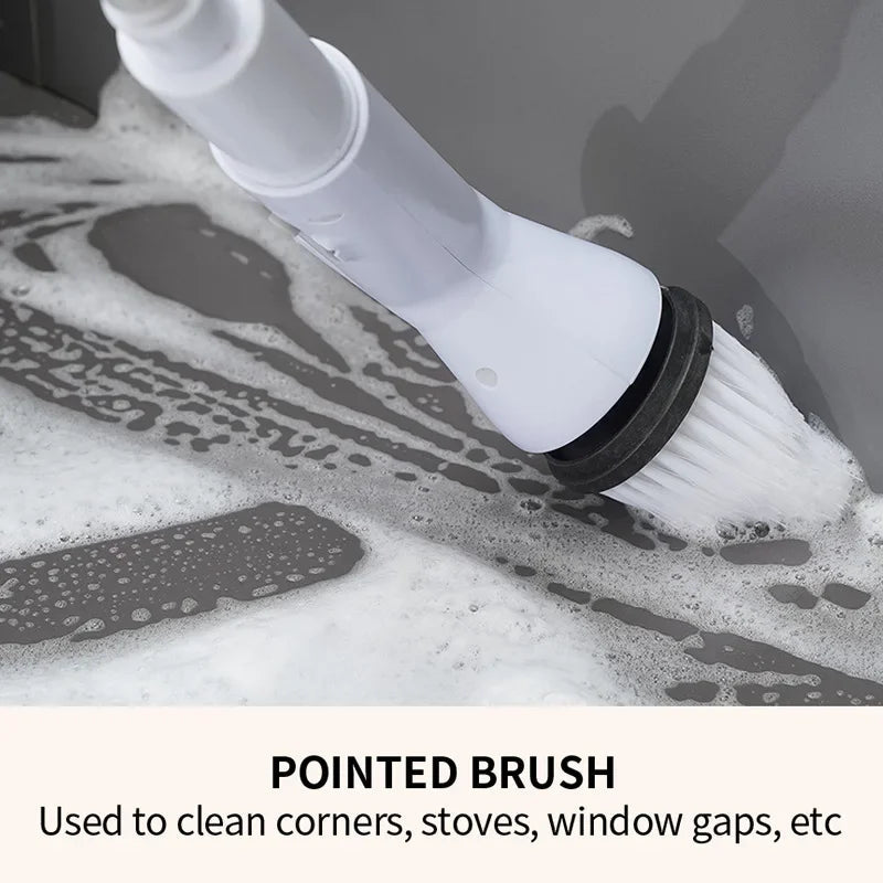 6 in 1 Electric Cleaning Brush with multiple attachments for versatile cleaning in kitchen and bathroom.