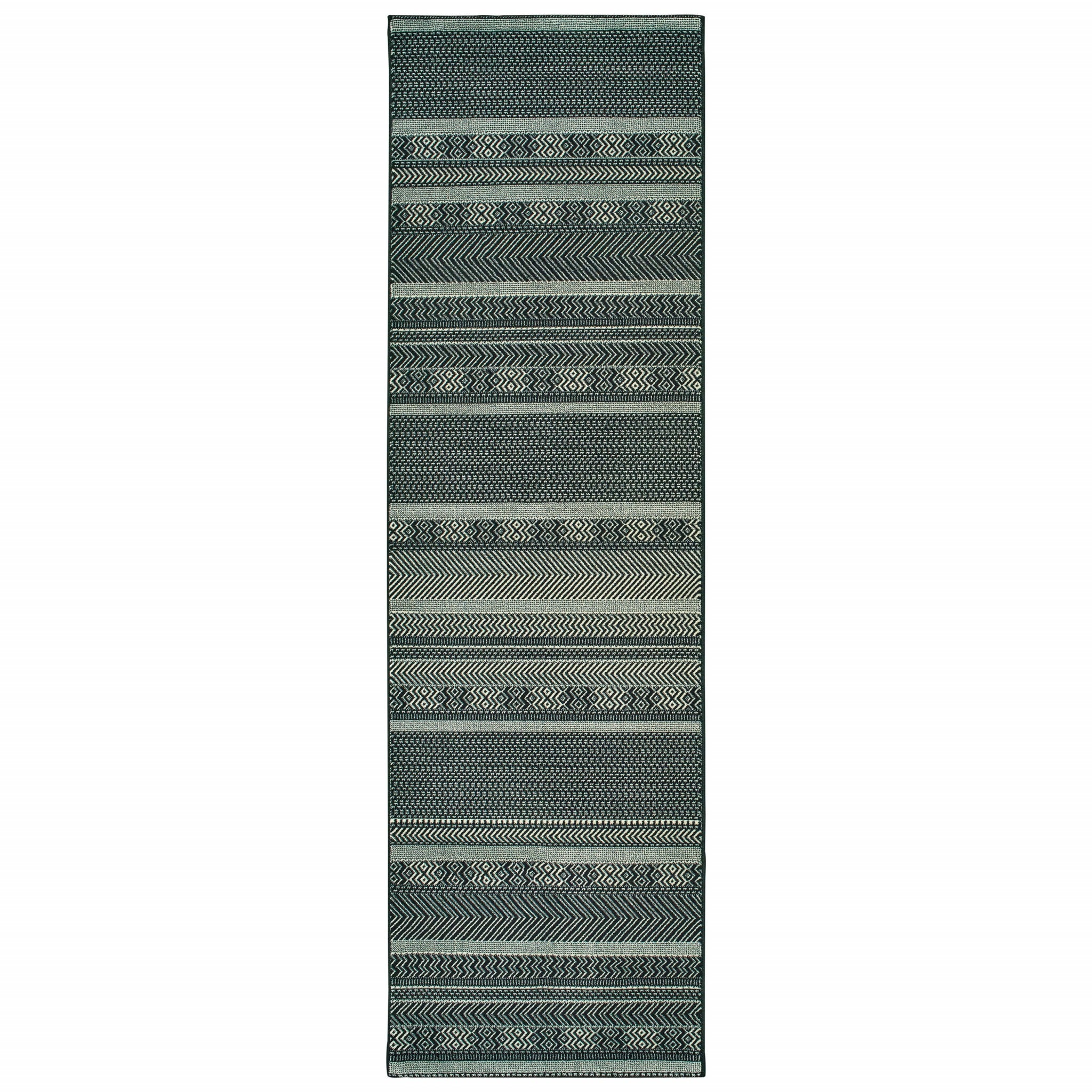 8-inch Black Ivory Machine Woven Geometric Indoor Runner Rug featuring intricate ivory stripes on a black background, perfect for high traffic areas.