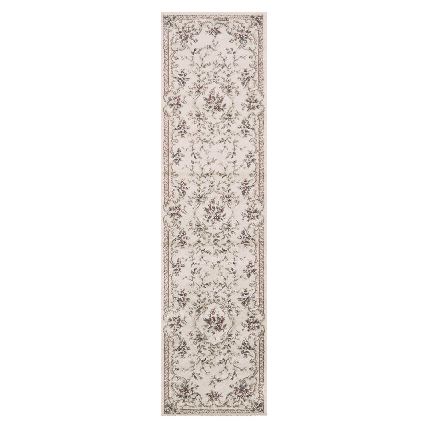 8-inch ivory bordered floral indoor runner rug with elegant floral design, perfect for enhancing home decor.