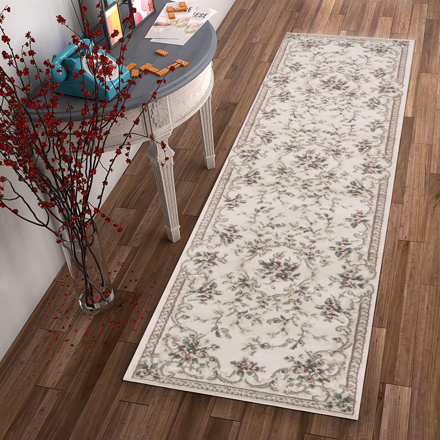 8-inch ivory bordered floral indoor runner rug with elegant floral design, perfect for enhancing home decor.