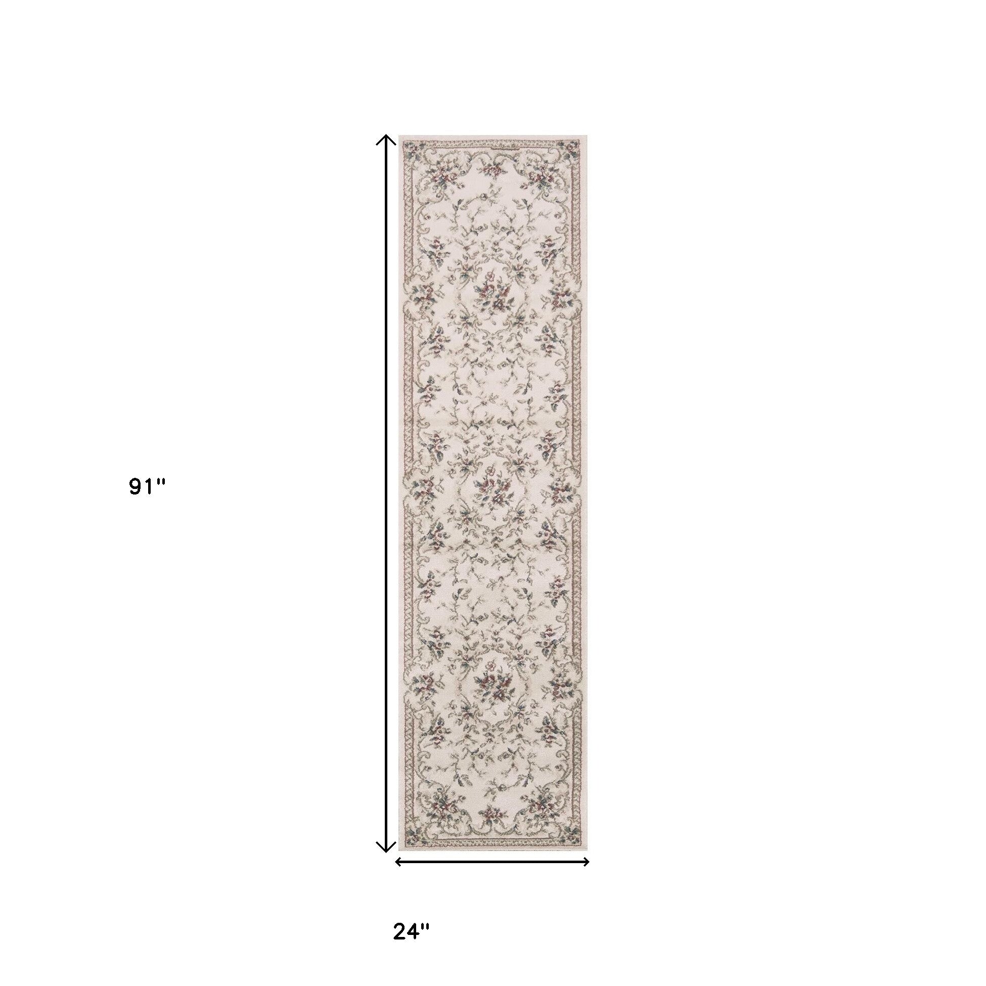 8-inch ivory bordered floral indoor runner rug with elegant floral design, perfect for enhancing home decor.