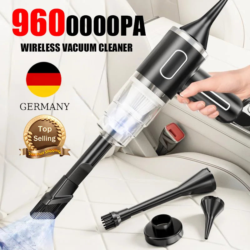 A sleek and modern 9600000Pa Wireless Car Vacuum Cleaner with various attachments, showcasing its cordless design and powerful suction capabilities.