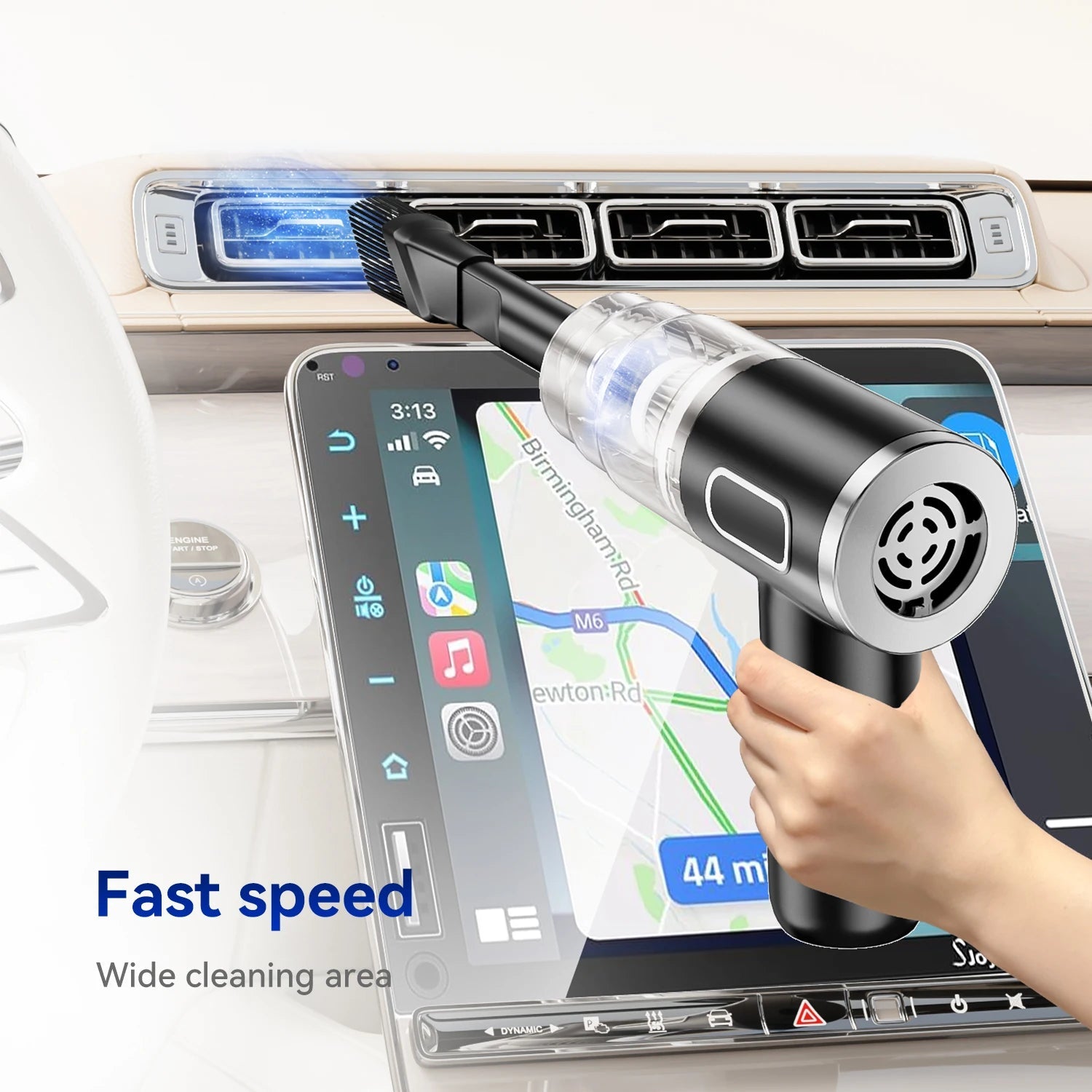 A sleek and modern 9600000Pa Wireless Car Vacuum Cleaner with various attachments, showcasing its cordless design and powerful suction capabilities.