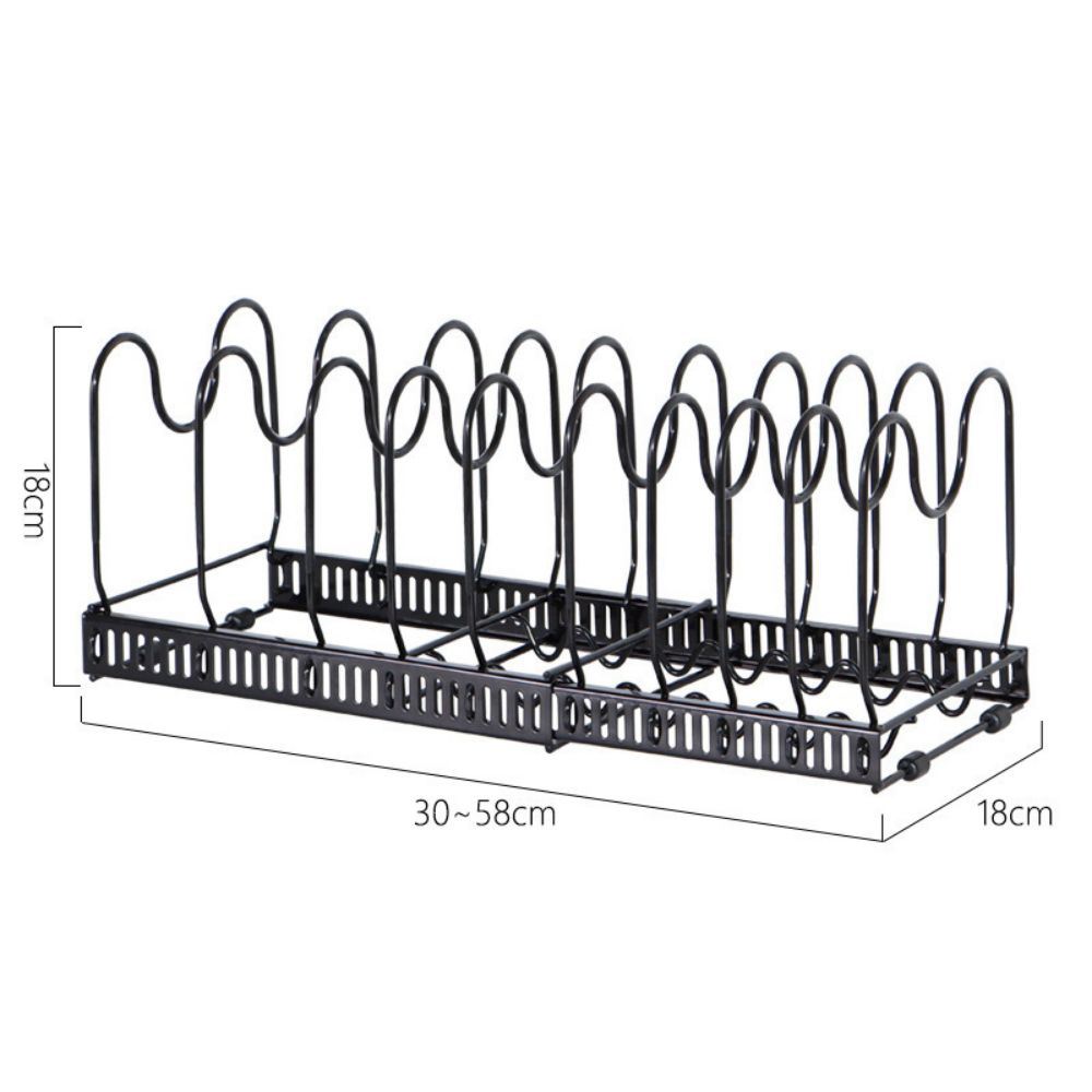 Adjustable kitchen pot rack with pots, lids, and cutting boards organized neatly.