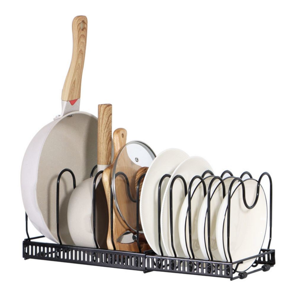 Adjustable kitchen pot rack with pots, lids, and cutting boards organized neatly.