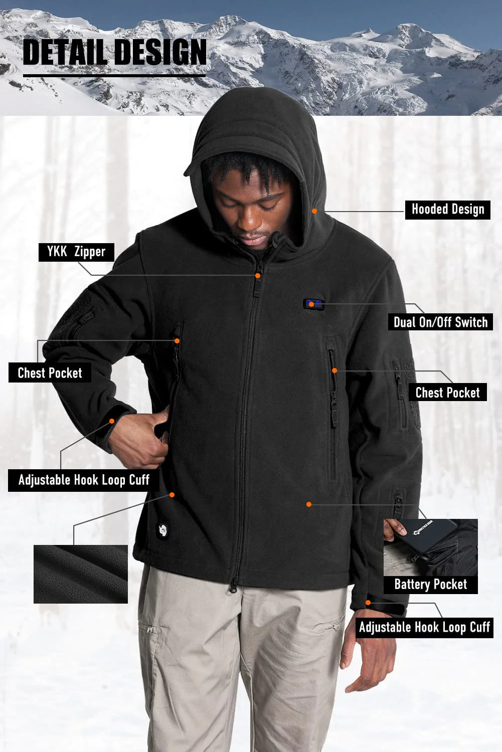 ANTARCTICA Fleece Heating Jacket for Men in black, featuring a hood, multiple pockets, and a digital display for heating control.