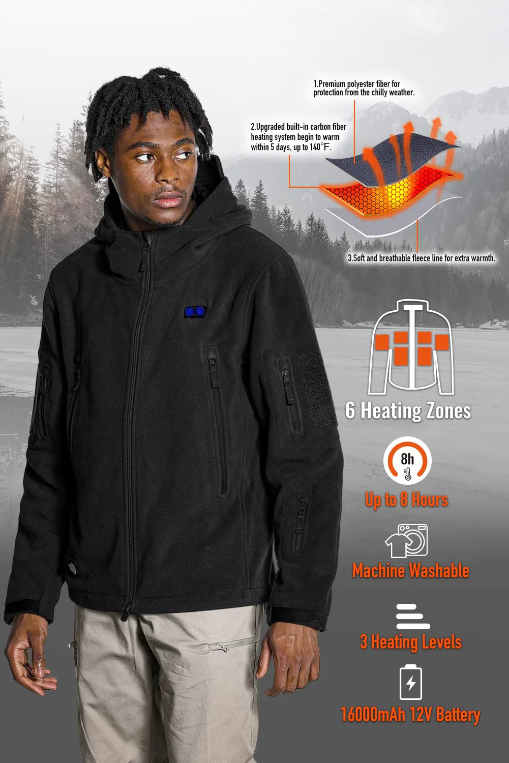 ANTARCTICA Fleece Heating Jacket for Men in black, featuring a hood, multiple pockets, and a digital display for heating control.