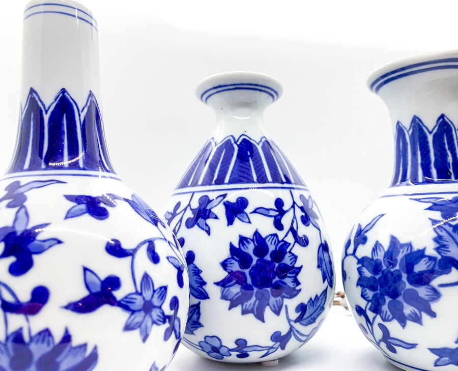 Elegant Chinoiserie Mediterranean Canton Vases in blue and white, showcasing intricate hand-painted designs, perfect for home decor.