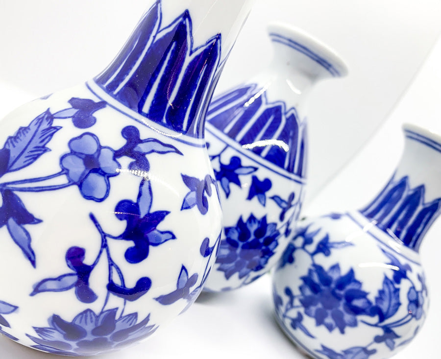 Elegant Chinoiserie Mediterranean Canton Vases in blue and white, showcasing intricate hand-painted designs, perfect for home decor.