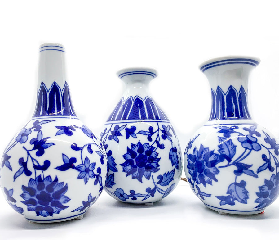 Elegant Chinoiserie Mediterranean Canton Vases in blue and white, showcasing intricate hand-painted designs, perfect for home decor.