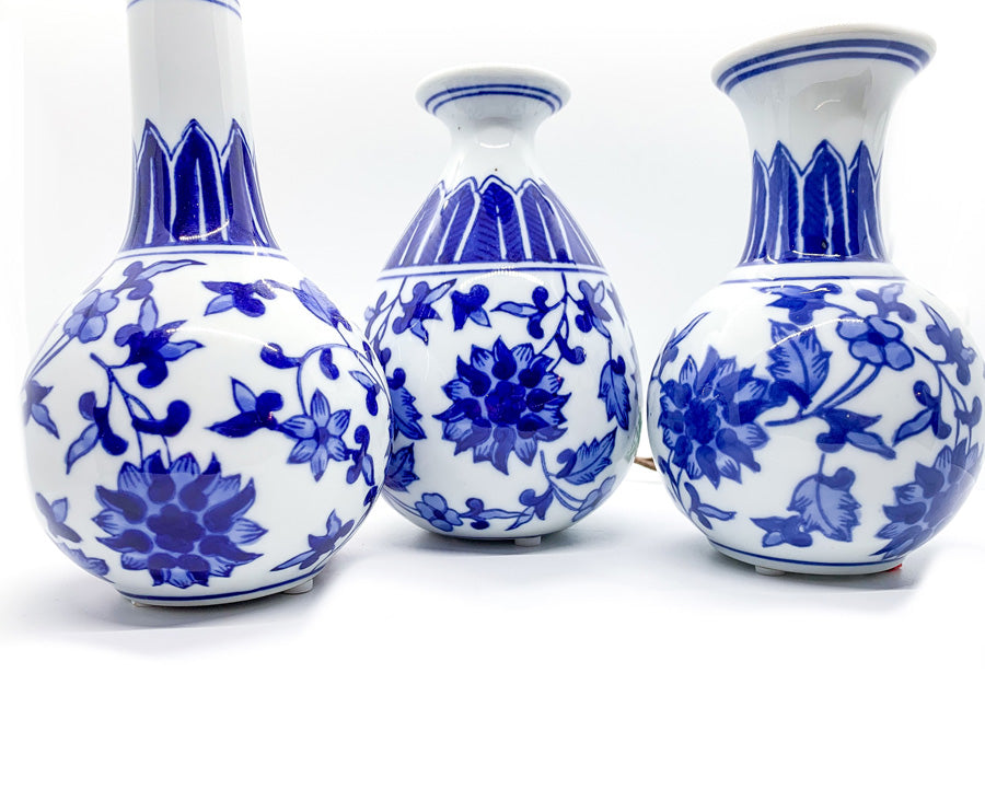 Elegant Chinoiserie Mediterranean Canton Vases in blue and white, showcasing intricate hand-painted designs, perfect for home decor.