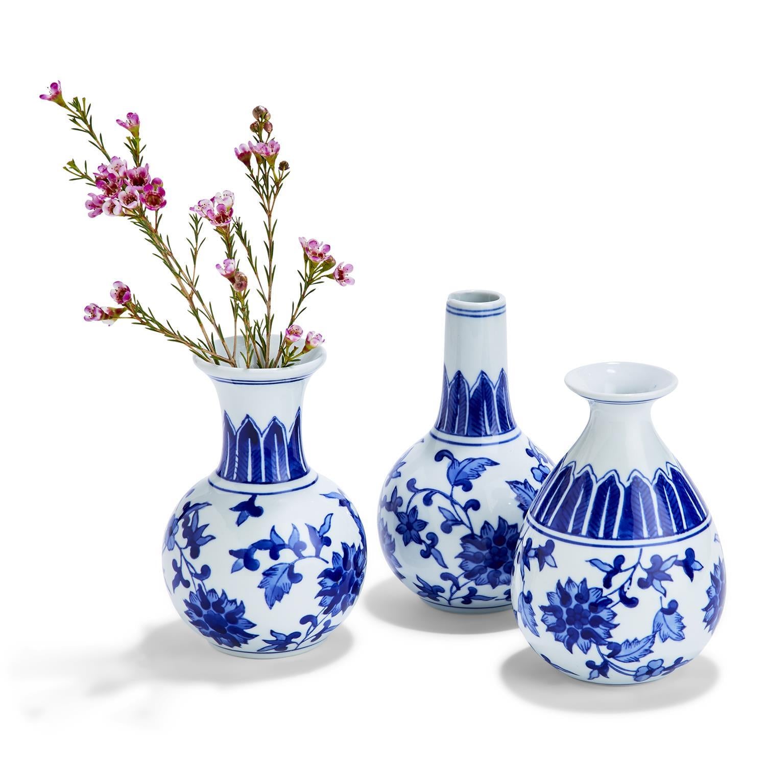 Elegant Chinoiserie Mediterranean Canton Vases in blue and white, showcasing intricate hand-painted designs, perfect for home decor.