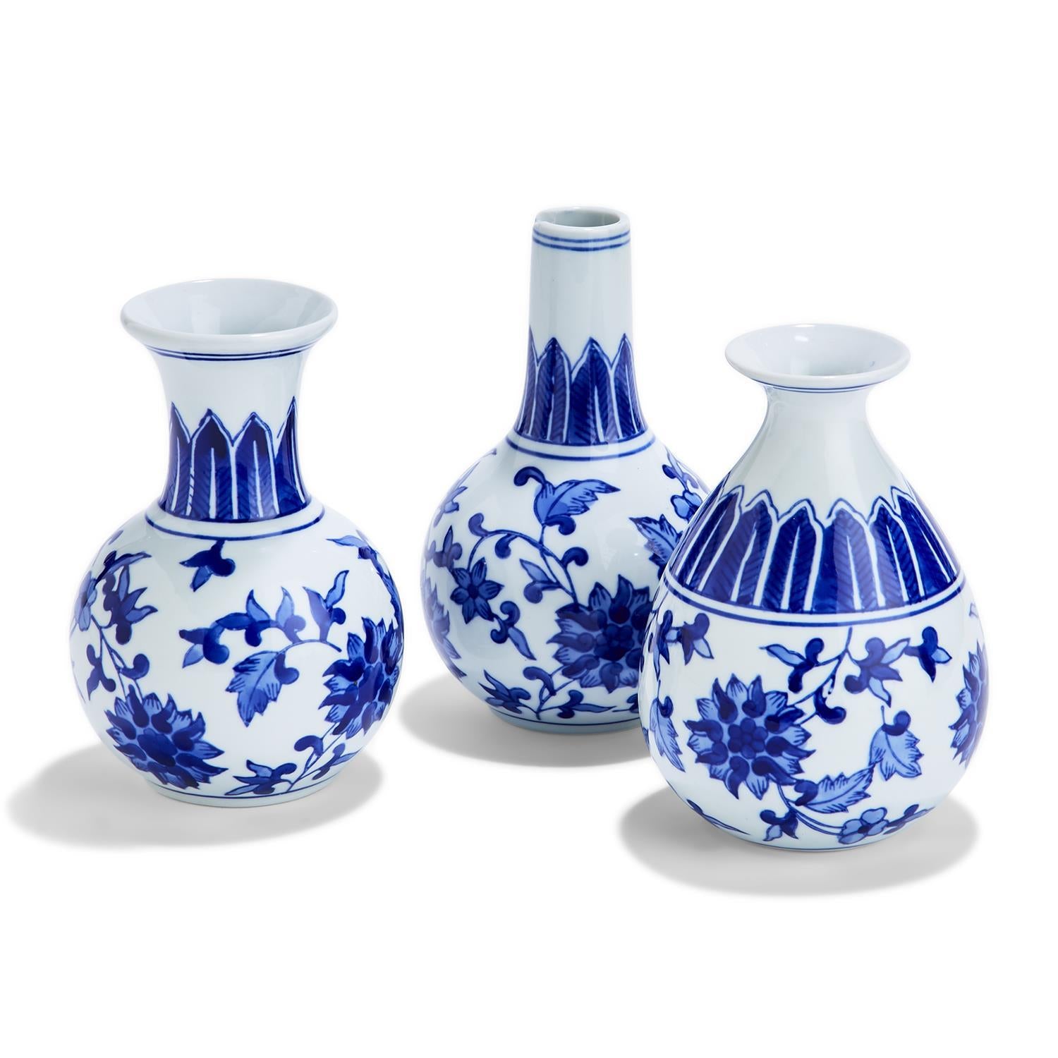 Elegant Chinoiserie Mediterranean Canton Vases in blue and white, showcasing intricate hand-painted designs, perfect for home decor.