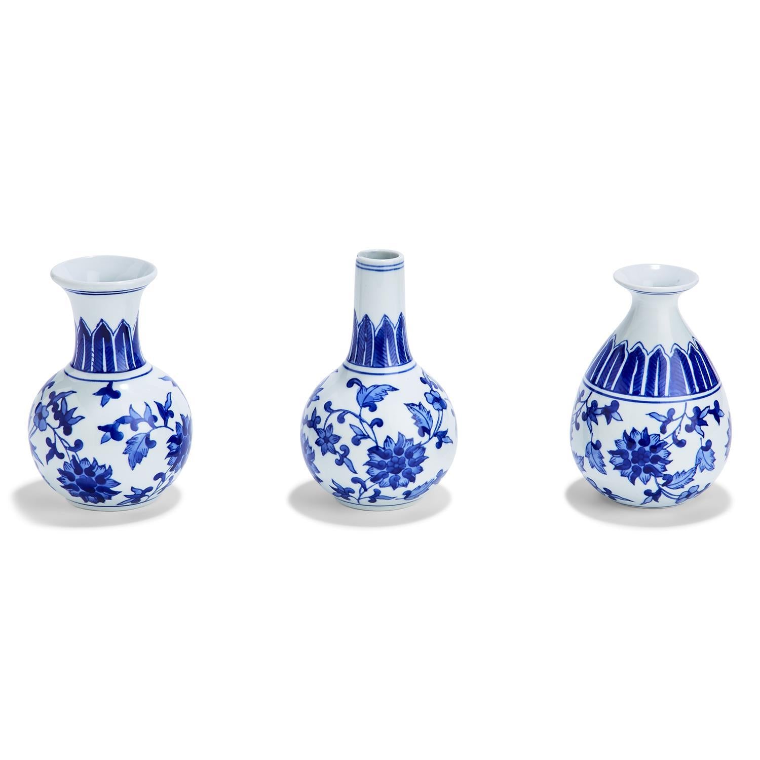 Elegant Chinoiserie Mediterranean Canton Vases in blue and white, showcasing intricate hand-painted designs, perfect for home decor.