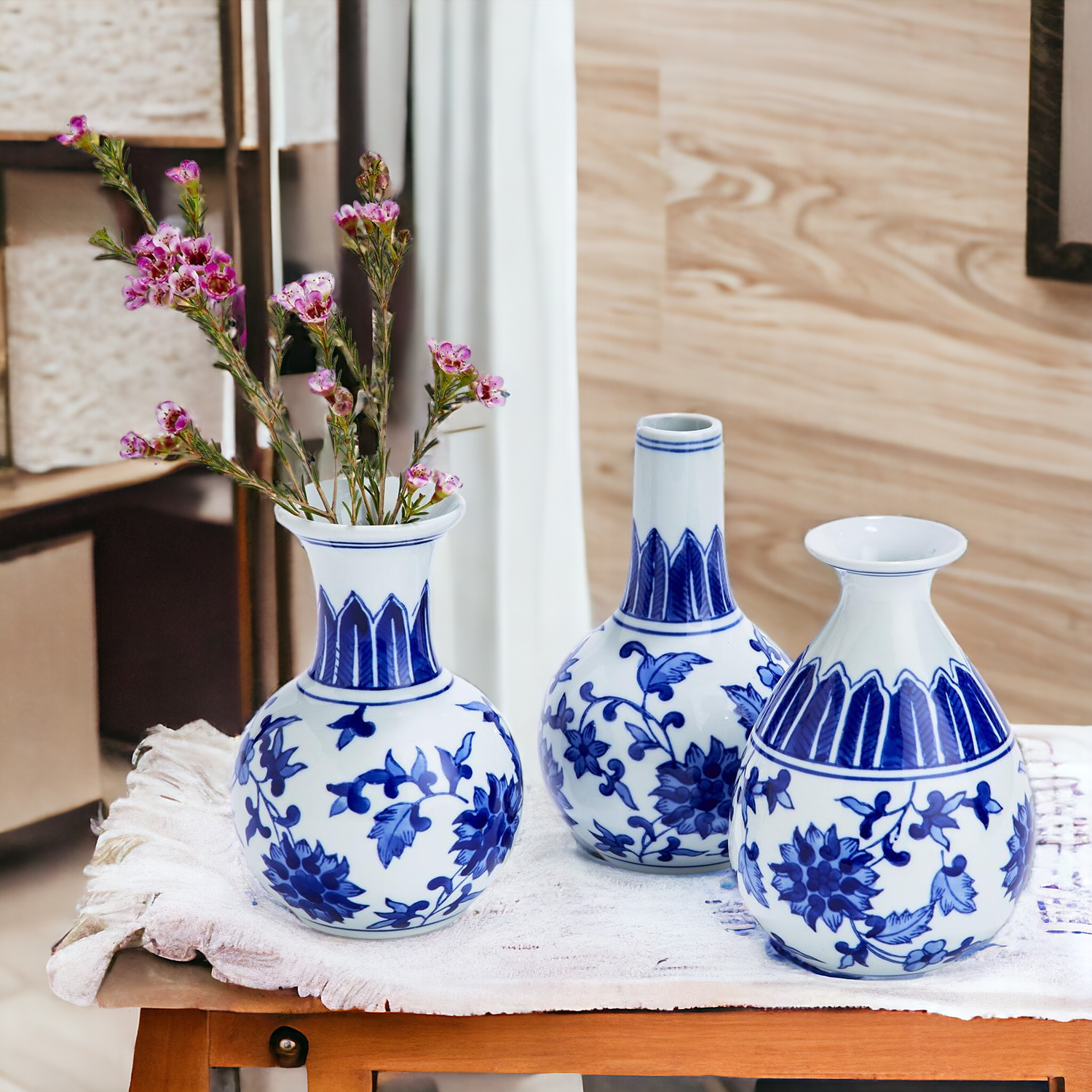 Elegant Chinoiserie Mediterranean Canton Vases in blue and white, showcasing intricate hand-painted designs, perfect for home decor.