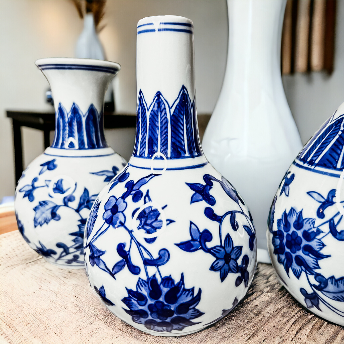 Elegant Chinoiserie Mediterranean Canton Vases in blue and white, showcasing intricate hand-painted designs, perfect for home decor.