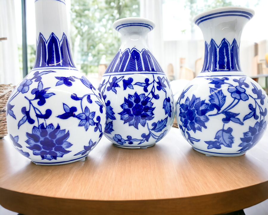 Elegant Chinoiserie Mediterranean Canton Vases in blue and white, showcasing intricate hand-painted designs, perfect for home decor.