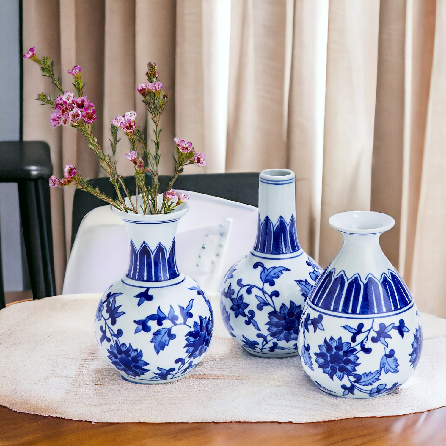 Elegant Chinoiserie Mediterranean Canton Vases in blue and white, showcasing intricate hand-painted designs, perfect for home decor.