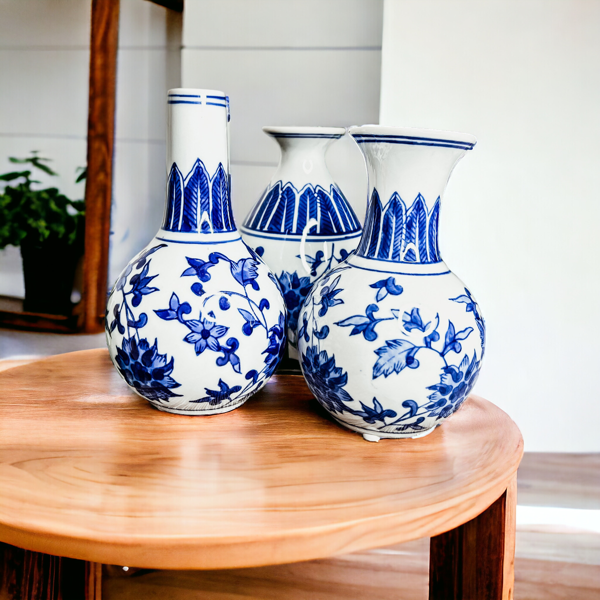 Elegant Chinoiserie Mediterranean Canton Vases in blue and white, showcasing intricate hand-painted designs, perfect for home decor.