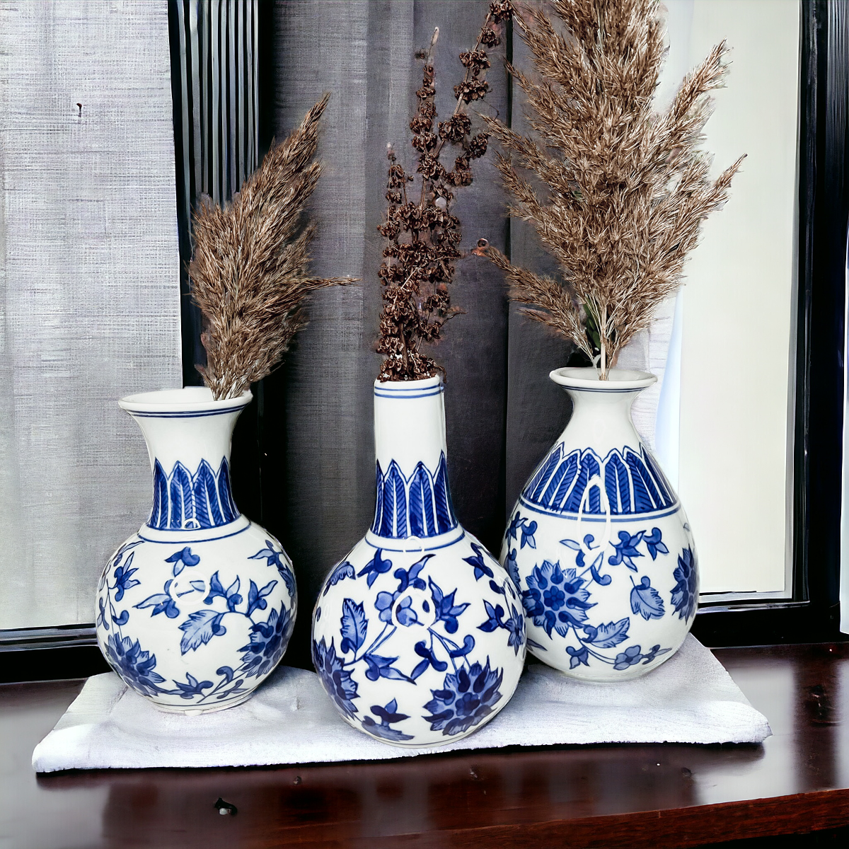 Elegant Chinoiserie Mediterranean Canton Vases in blue and white, showcasing intricate hand-painted designs, perfect for home decor.