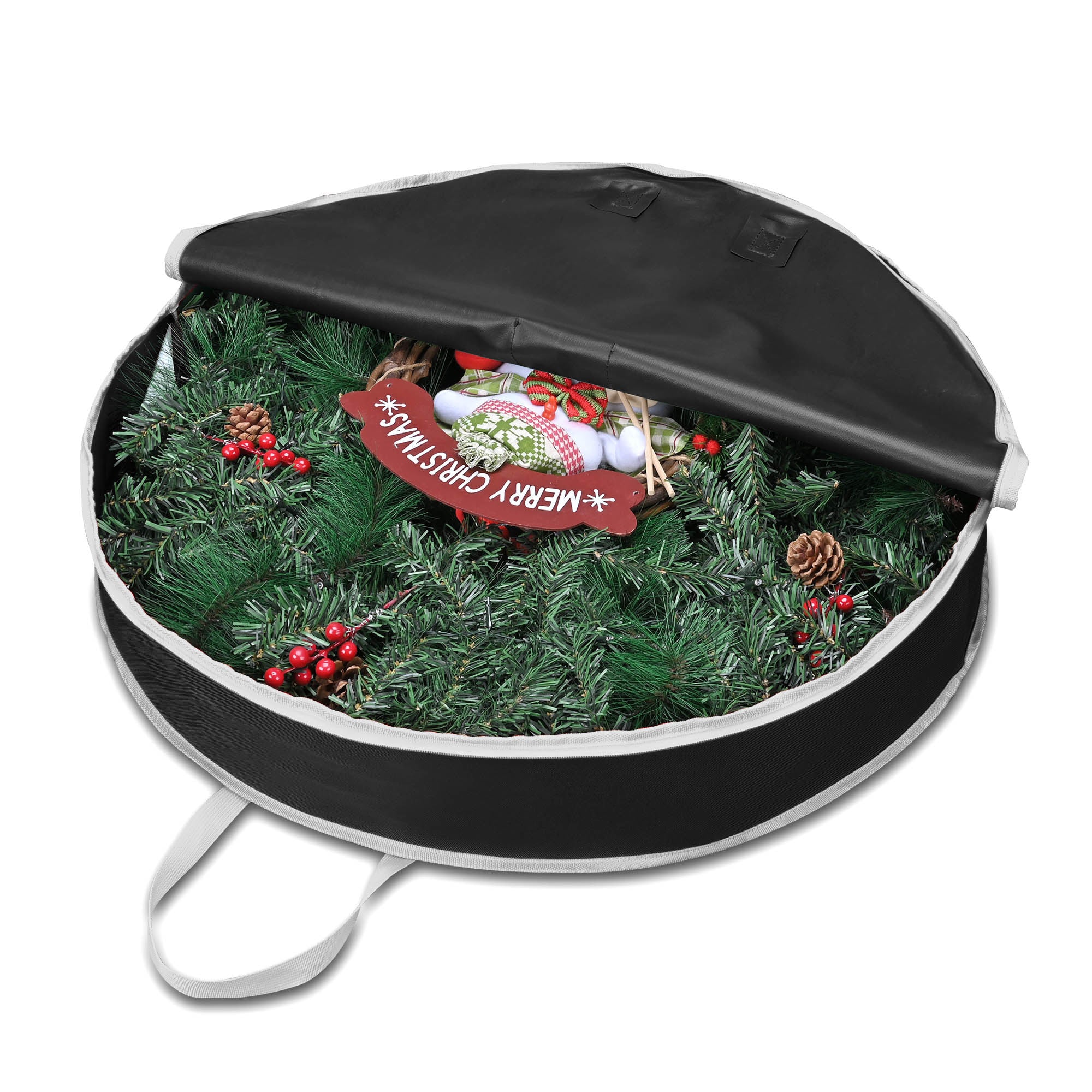 Christmas Ornament Ball Storage Box made of durable 600D Oxford fabric, featuring sturdy handles and a zipper enclosure for secure storage.