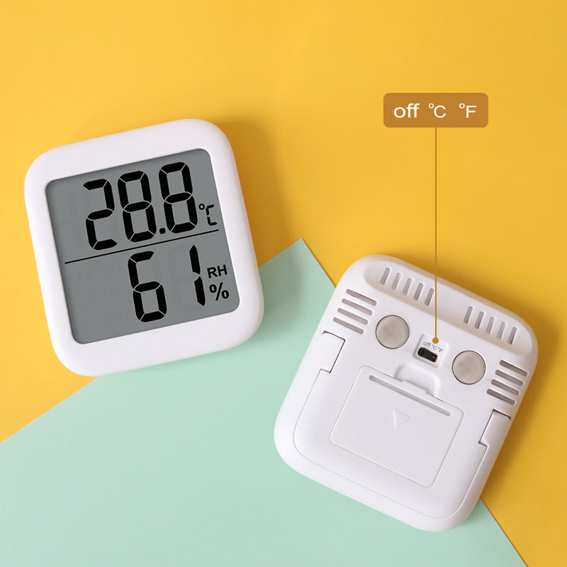 Digital Thermometer Hygrometer with LCD display, measuring temperature and humidity, designed for indoor use.