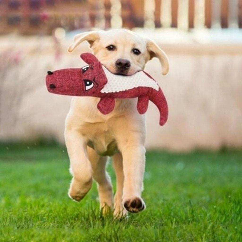 Plush animal-shaped dog toy in vibrant colors, designed for small and large dogs, featuring a squeaky sound for interactive play.